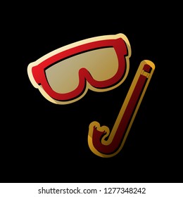 Diving mask sign. Vector. Red icon with small black and limitless shadows at golden sticker on black background.