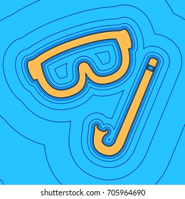 Diving mask sign. Vector. Sand color icon with black contour and equidistant blue contours like field at sky blue background. Like waves on map - island in ocean or sea.