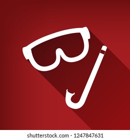 Diving mask sign. Vector. White icon with limitless shadow at ruby red background.