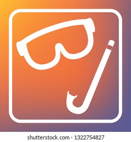 Diving mask sign. Vector. White icon on transparent button at orange-violet gradient background.