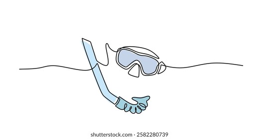 Diving mask with snorkel in continuous line drawing. Minimalist design symbolizing underwater adventure, swimming, and marine exploration. Vector illustration hand drawn.