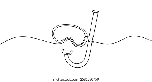 Diving mask with snorkel in continuous line drawing. Minimalist design representing underwater exploration, swimming, and scuba diving. Vector illustration hand drawn.