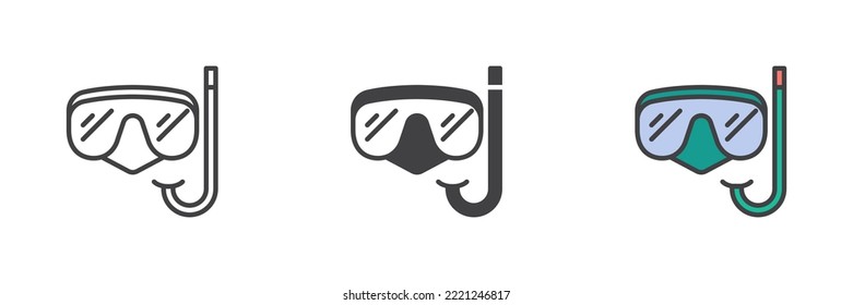 Diving Mask and Snorkel different style icon set. Line, glyph and filled outline colorful version, outline and filled vector sign. Symbol, logo illustration. Vector graphics