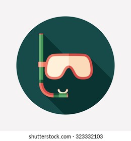 Diving mask with snorkel flat round icon with long shadows.
