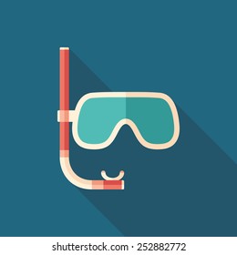 Diving mask with snorkel flat square icon with long shadows.