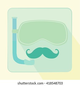 Diving mask with snorkel flat square icon with long shadow and hipster moustache