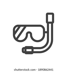 Diving mask and snorkel icon. A simple line drawing of an eye mask and underwater breathing tubes. Equipment for exploration of the seabed. Isolated vector on white background.