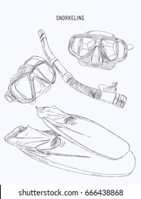 diving mask, snorkel and pair of grey flippers. Fins, scuba mask and tube. Diving equipment objects. Underwater swimming. Vector