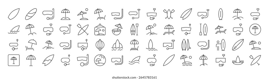 Máscara De Mergulho, Surfboard, Guarda-Chuva, Coleção De Ícones Da Linha Da Praia. Outline Signs para Gráficos e Web Design, Apps, Anúncios, Vários Cartões