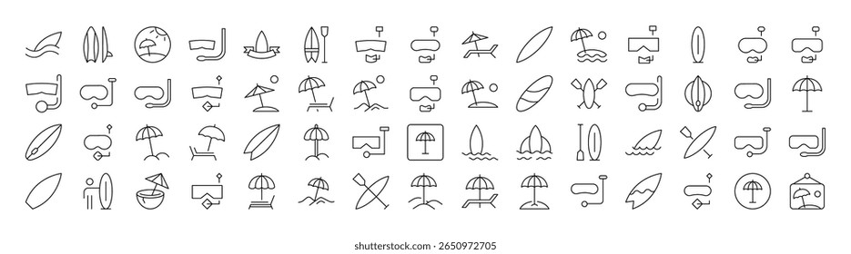 Máscara de mergulho, Surfboard, Guarda-chuva, Beach Line Icon Pack. Outline Signs para Gráficos e Web Design, Apps, Anúncios, Vários Cartões 