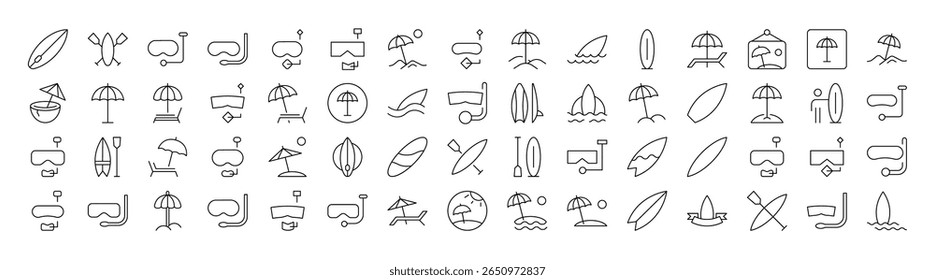 Máscara De Mergulho, Surfboard, Guarda-Chuva, Conjunto De Ícones De Linha Fina Praia. Outline Signs para Gráficos e Web Design, Apps, Anúncios, Vários Cartões 