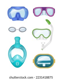 Diving mask. Transparent professional masks or glasses for exploring underwater life decent vector realistic set