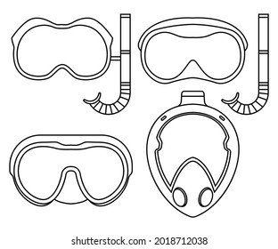 Iconos de contorno vectorial de máscara de buceo establecidos en un fondo blanco.