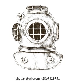 Diving monochrome helmet drawn in vintage style