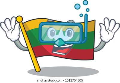 Diving Myanmar waving flag hoisted on pole, cartoon character.