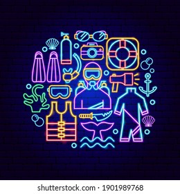 Diving Neon Concept. Vector Illustration of Scuba Dive 
Promotion.
