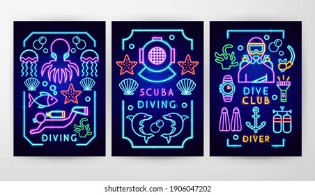 Diving Neon Flyer Concepts. Vector Illustration of Scuba Dive Promotion.