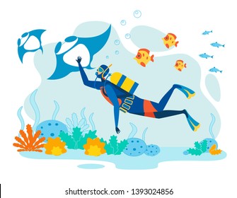 Diving on Resort Flat Vector Concept with Man Diving with Aqualung in Tropical Sea, Touching Batoidea Fish on Reef Illustration. Vacation Entertainment, Oceanic Fauna Research, Ichthyology Scientist