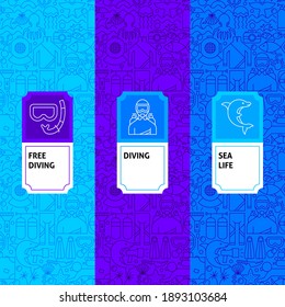 Diving Package Labels. Vector Illustration of Outline Design.
