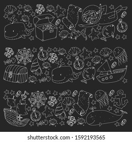 Diving pattern with children. Octopus, whale. Summer adventure with pirates and treasures. Underwater vacation.