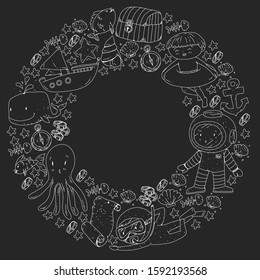 Diving pattern with children. Octopus, whale. Summer adventure with pirates and treasures. Underwater vacation.