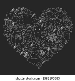 Diving pattern with children. Octopus, whale. Summer adventure with pirates and treasures. Underwater vacation.