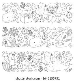 Diving pattern with children. Octopus, whale. Summer adventure with pirates and treasures. Swimming and underwater adventure.