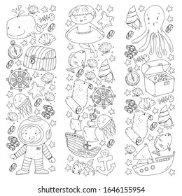 Diving pattern with children. Octopus, whale. Summer adventure with pirates and treasures. Swimming and underwater adventure.