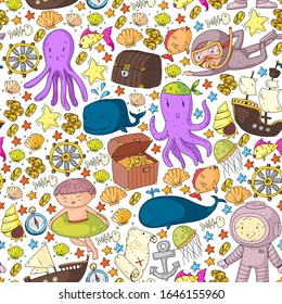 Diving pattern with children. Octopus, whale. Summer adventure with pirates and treasures. Swimming and underwater adventure.