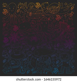 Diving pattern with children. Octopus, whale. Summer adventure with pirates and treasures. Swimming and underwater adventure.