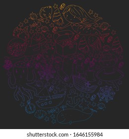 Diving pattern with children. Octopus, whale. Summer adventure with pirates and treasures. Swimming and underwater adventure.