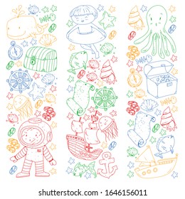 Diving pattern with children. Octopus, whale. Summer adventure with pirates and treasures. Underwater.