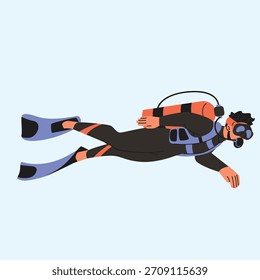 Buceo de exploración pacífica del océano con el buceador nadando sin esfuerzo sobre el fondo marino ilustración