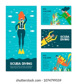 diving people cards. Underwater divers man and woman with snorkel and mask, vector illustration