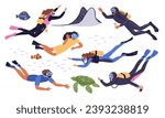 Diving people. Scuba divers with gear and balloons. Underwater swimming. Cartoon frogman. Marine animals. Ocean stingray and turtle. Man or woman with snorkeling masks