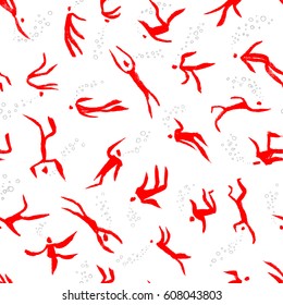 Diving people seamless pattern. Underwater swimming characters vector background.  Ink human silhouettes of diving movements. Water sport theme illustration. 