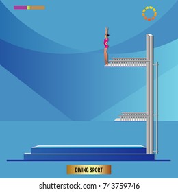 diving player jumping from diving platform. Diving platform with swimming pool