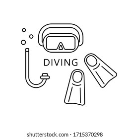 Diving poster. Flippers, snorkel tube, mask. Set of linear scuba icon. Black simple illustration for equipment rental, swimming lessons. Contour isolated vector image on white background