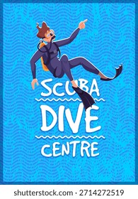 Cartel de buceo. cartel retro de buceo con ilustración de buzo de dibujos animados