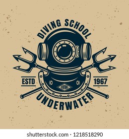 Diving protective vintage helmet and two crossed neptune trident vector isolated emblem, badge or logo