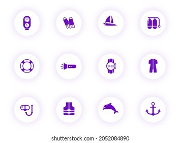 diving purple color vector icons on light round buttons with purple shadow. diving icon set for web, mobile apps, ui design and print