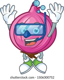 Diving red onion cartoon character with mascot