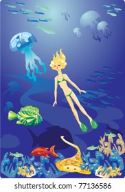 Diving in Red Sea - girl and fishes
