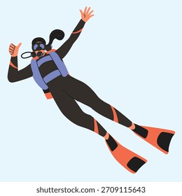 Buceo relajado momento de flotación libre como los Señalar de buceo pacíficamente en ilustración de agua abierta