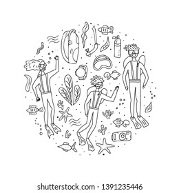 Diving round badge. Set of scuba diving aquipment, plungers and underwater elements. Circle comosition in doodle stile. Vector sketch illustration. 