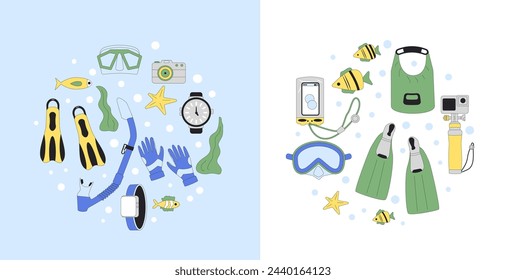 Diving round emblem. Oxygen masks, tanks, flippers and equipment for scuba and snorkel circle shape composition. Underwater sea marine snorkelling sport. Flat line art vector illustrations isolated