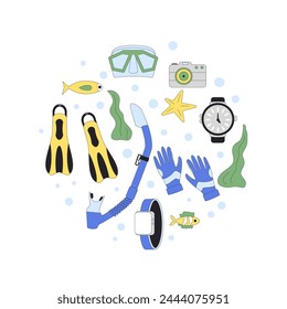 Diving round emblem. Oxygen masks, tanks, flippers and equipment for scuba and snorkel circle shape composition. Underwater sea marine snorkelling sport. Flat line art vector illustrations 