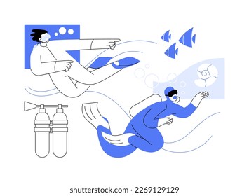 Diving school abstract concept vector illustration. Diving class, all level diver program, summer vacation activity, scuba school, water sport, open sea, underwater photography abstract metaphor.