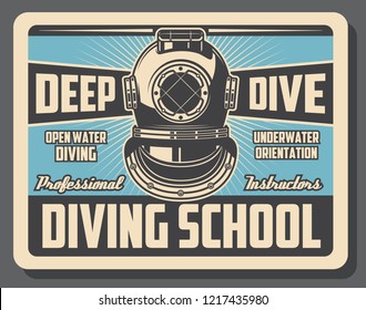 Diving school advertisement retro poster of scuba diver aqualung. Vector vintage design for diving instructor training and water orientation in leisure activity hobby