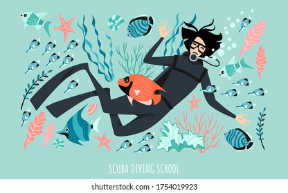 Diving school banner template with a diver girl surrounded by fish, algae and other inhabitants of the coral reef. Cartoon illustration in a flat style.